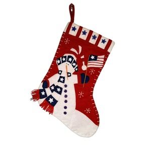 VTG 90s Patriotic Snowman Christmas‎ Stocking Red Felt Americana Stars Stripes